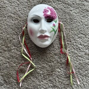 Vandor White Ceramic Handpainted Peony Flower Face Art Nouveau Deco Mask 1984